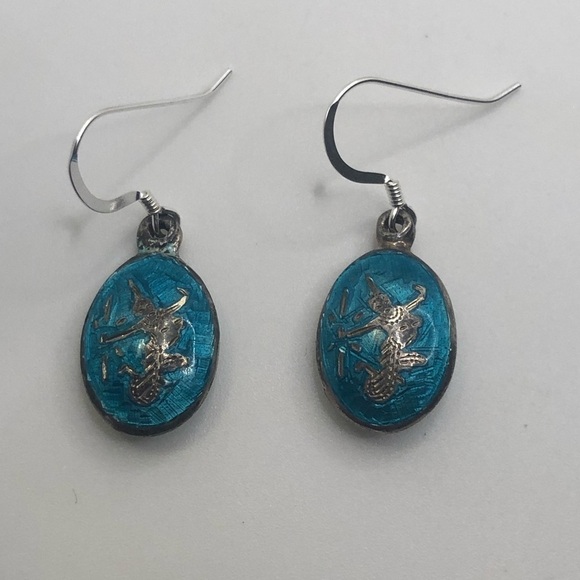 Vtg Sterling & Blue Green Enamel Siam Silver Goddess Earrings 925 / 1.2” - Picture 5 of 9